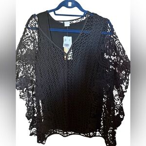 Impulse California Lace Crochet Top Black Boho Overlay Blouse L NWT
